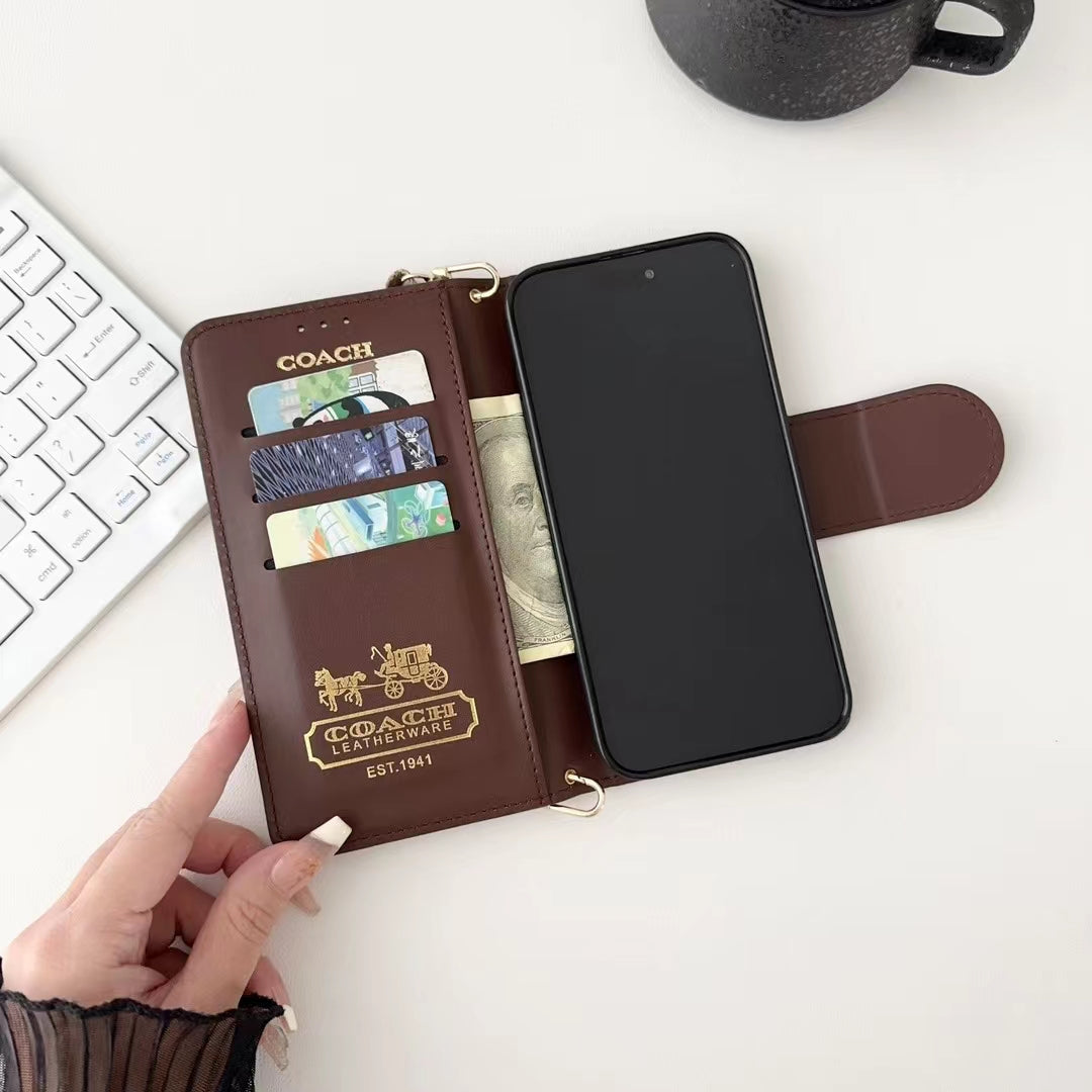 Coach Phone Case Wallet Style with Hand Strap for iPhone 12-17 Pro Max