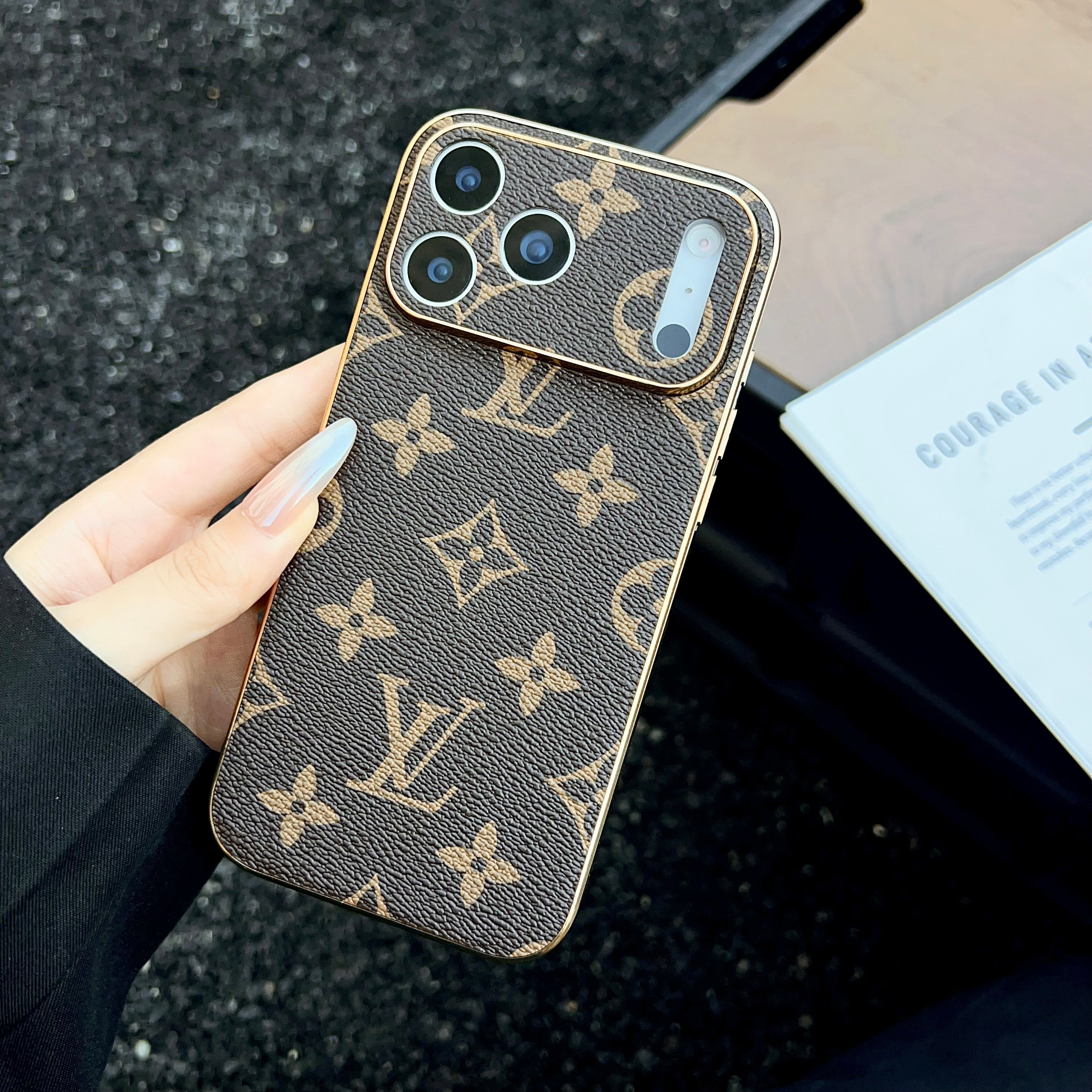Luxury Monogram Leather Gold Frame Case For iPhone 16-17 Pro Max