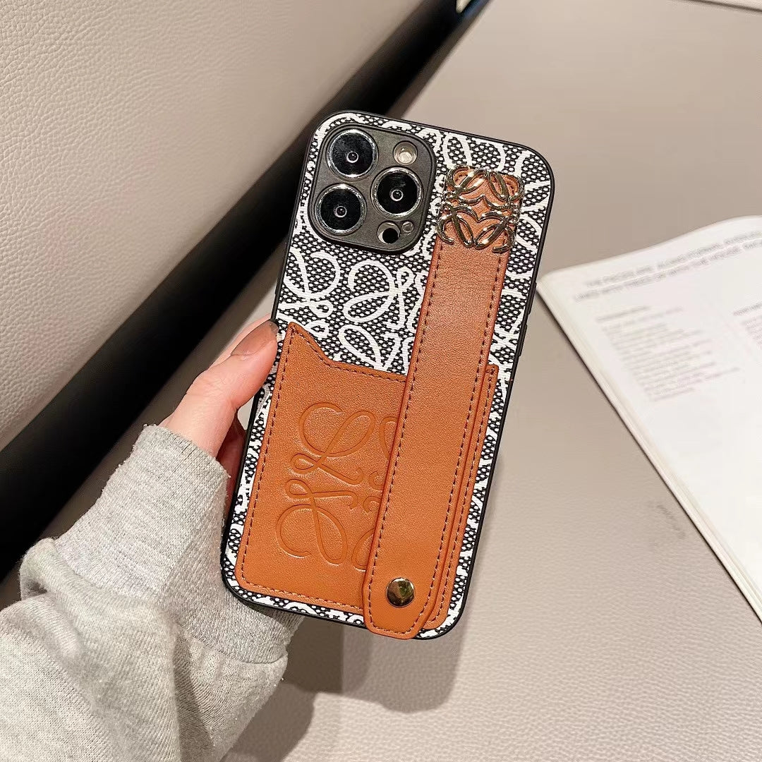 Designer TPU Phone Case With Card Holder & Hand Strap For iPhone 12-14 Pro Max