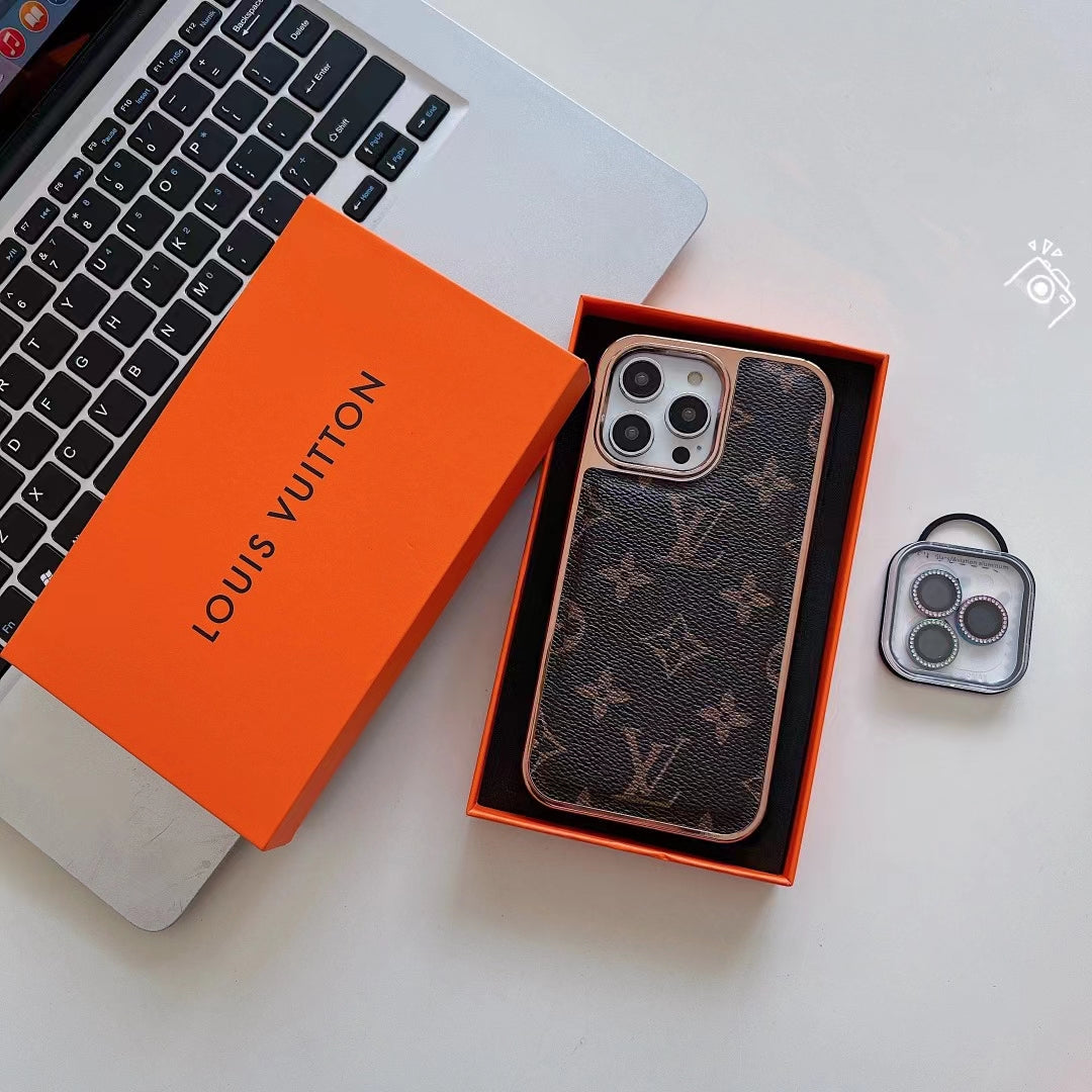 Louis Vuitton Style Leather Rhinestone Lens Case For iPhone 12-15 Pro Max