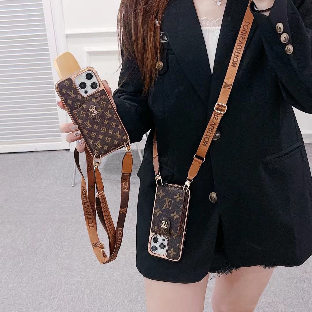 Brown Monogram Crossbody Wallet Case for iPhone 12-16 Pro Max