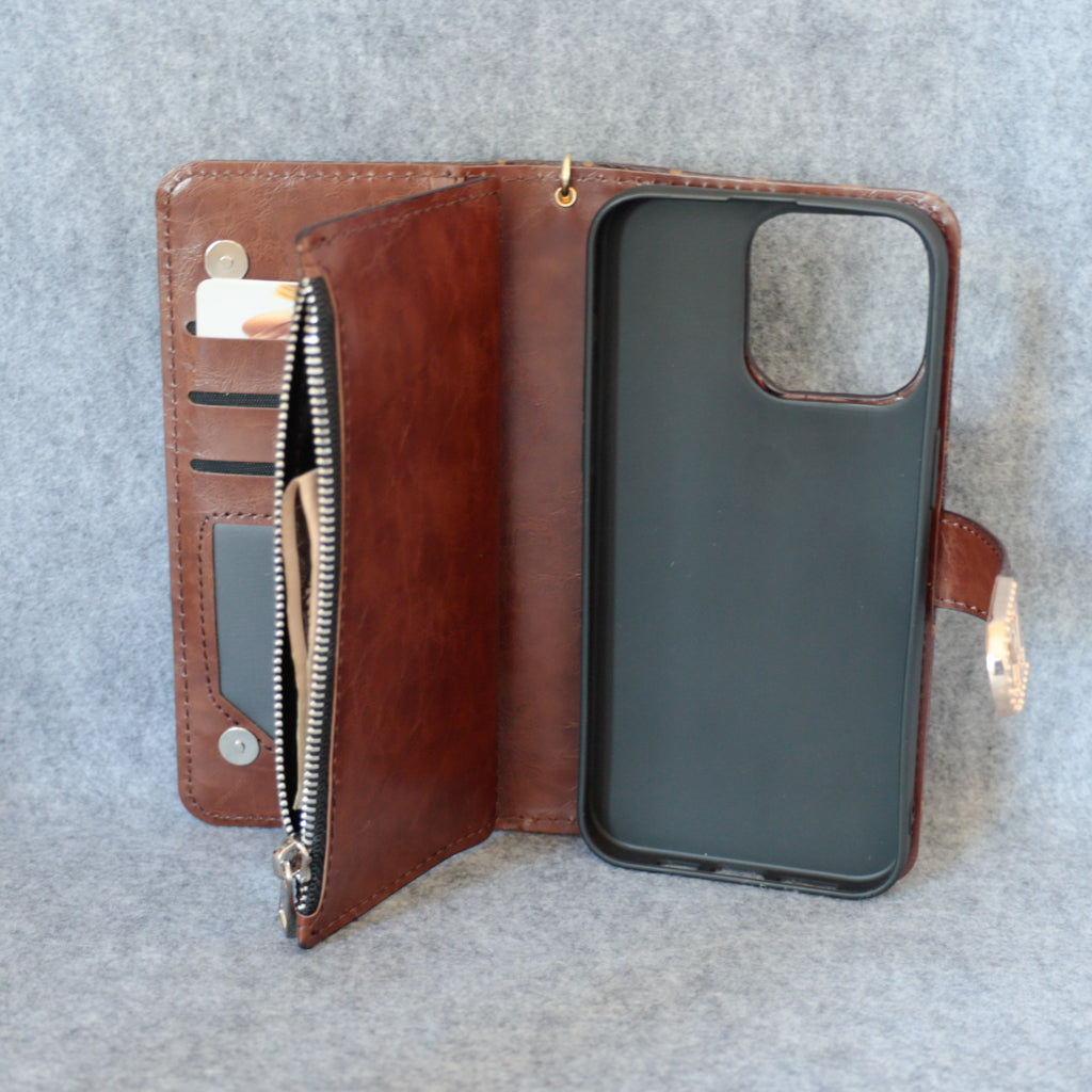 Pink Monogram Leather Wallet Case With Kickstand For iPhone 12-16 Pro Max