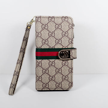 Beige Gucci Wallet Phone Case With Zipper & Kickstand For iPhone 12-16 Pro Max