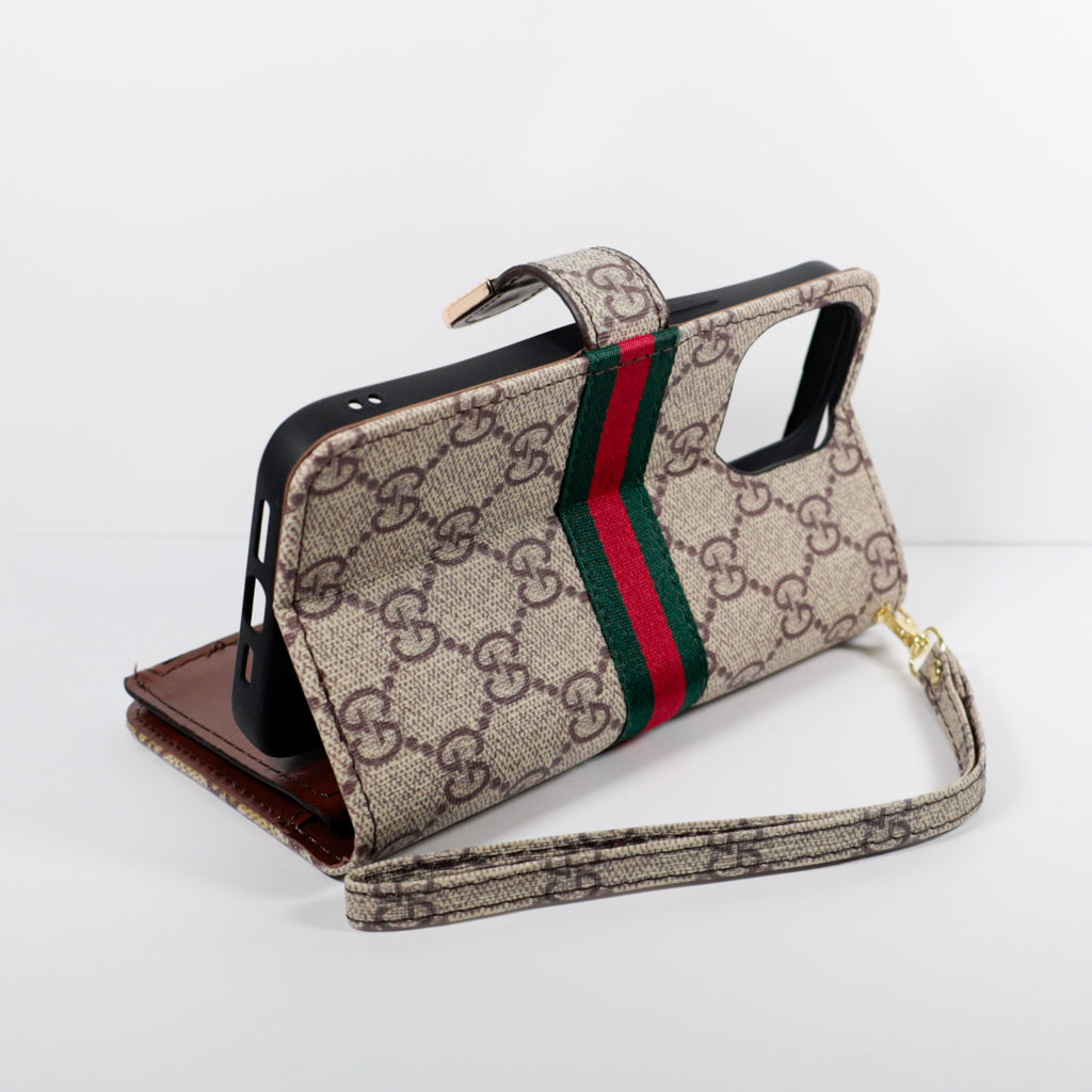 Beige Gucci Wallet Phone Case With Zipper & Kickstand For iPhone 12-16 Pro Max