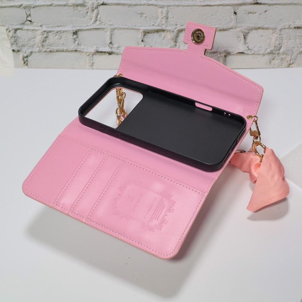 Pink Monogram Crossbody Wallet Case With Chain Hand Holder For iPhone 17 Pro Max